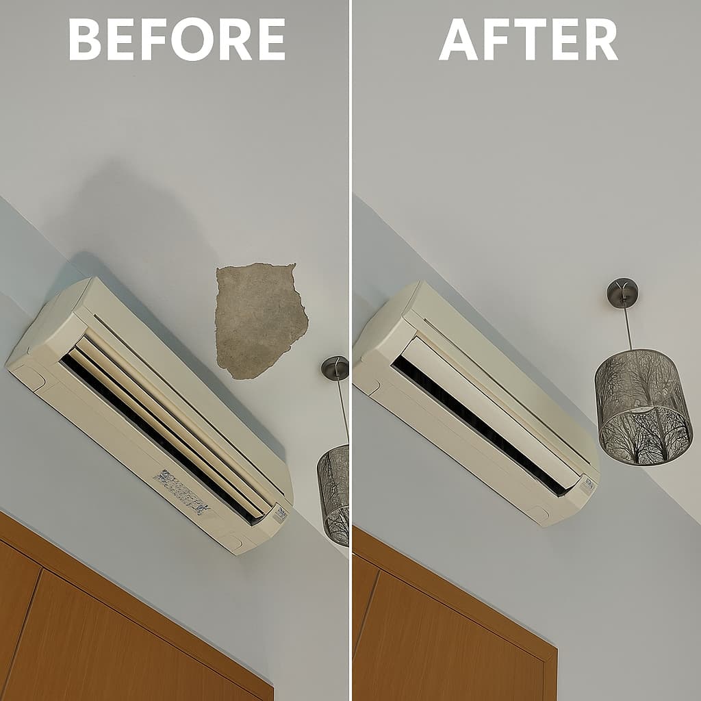 Wall crack next to an air-con unit, before and after color-matched touch-up paint repair