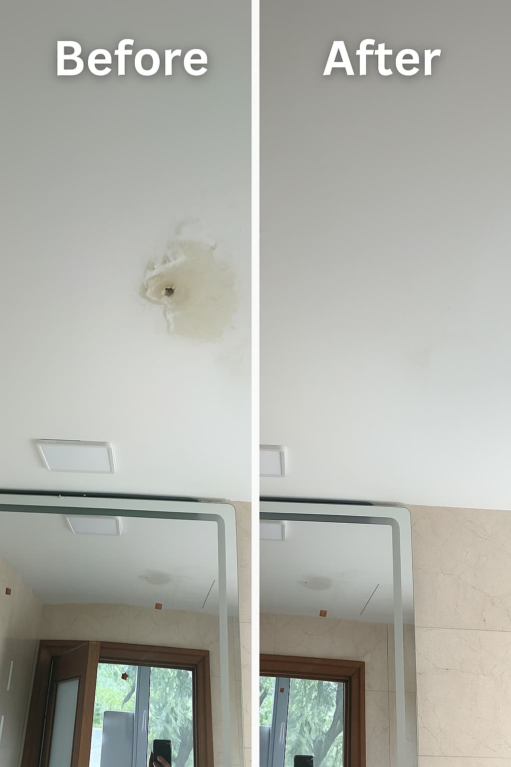 Ceiling water stain patch, before and after color-matched repaint