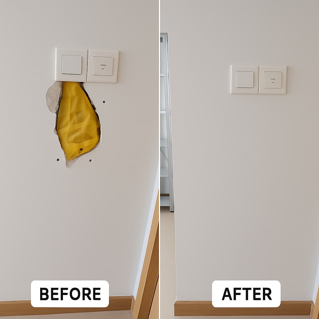 Wall hole exposing insulation, before and after fill and color-matched repaint
